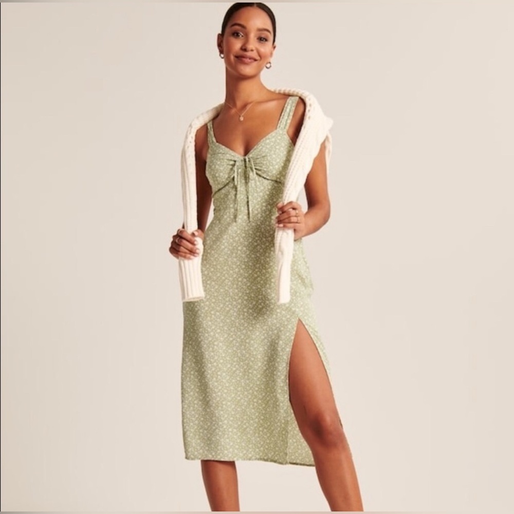 Abercrombie & Fitch Slip Dress M Green Floral Midi Smocked Dainty Slit M Cottage - Picture 4 of 14